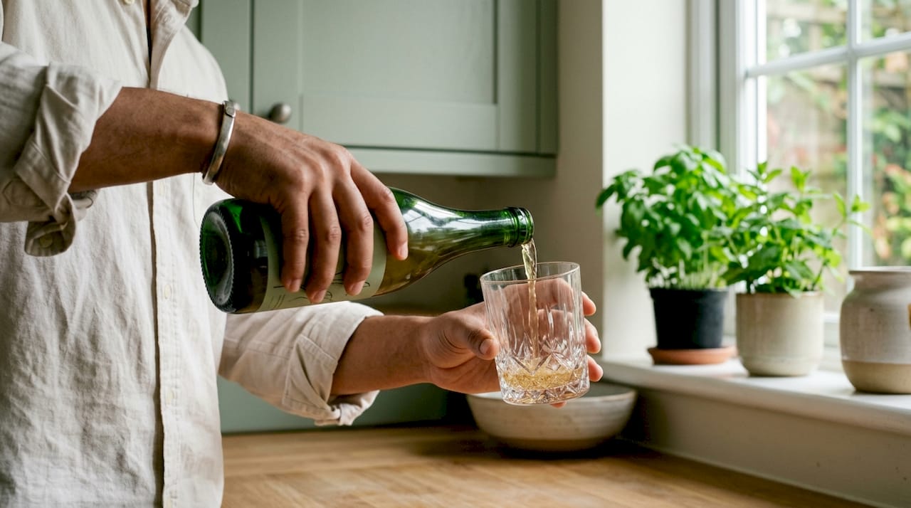 Close-up of hands pouring THC beverage dosage