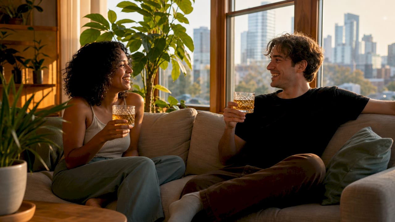 Friends sharing cannabis-infused kombucha drinks outdoors