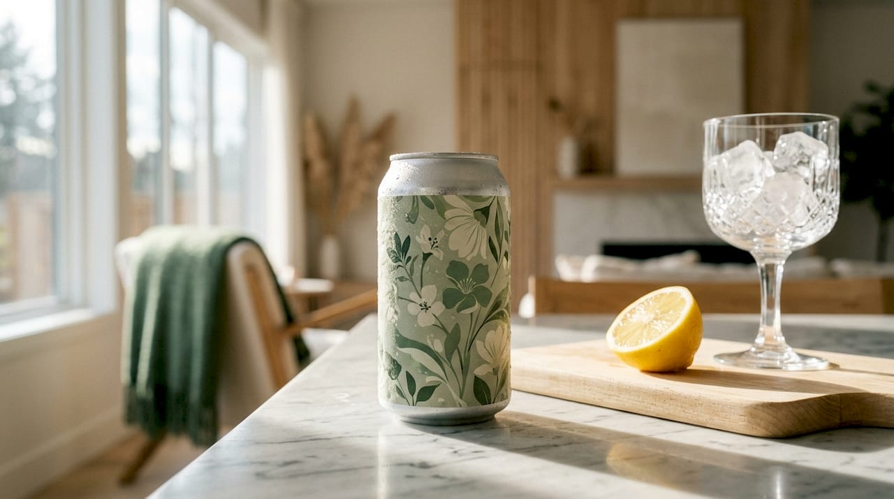 Cold THC seltzer can on kitchen table