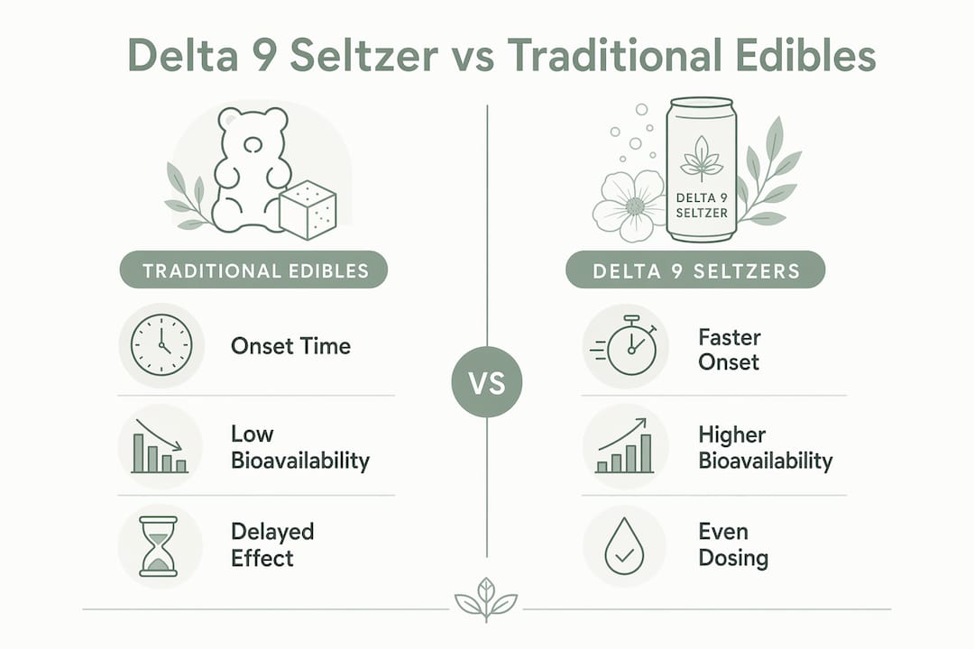 Infographic comparing Delta 9 seltzer and traditional edibles