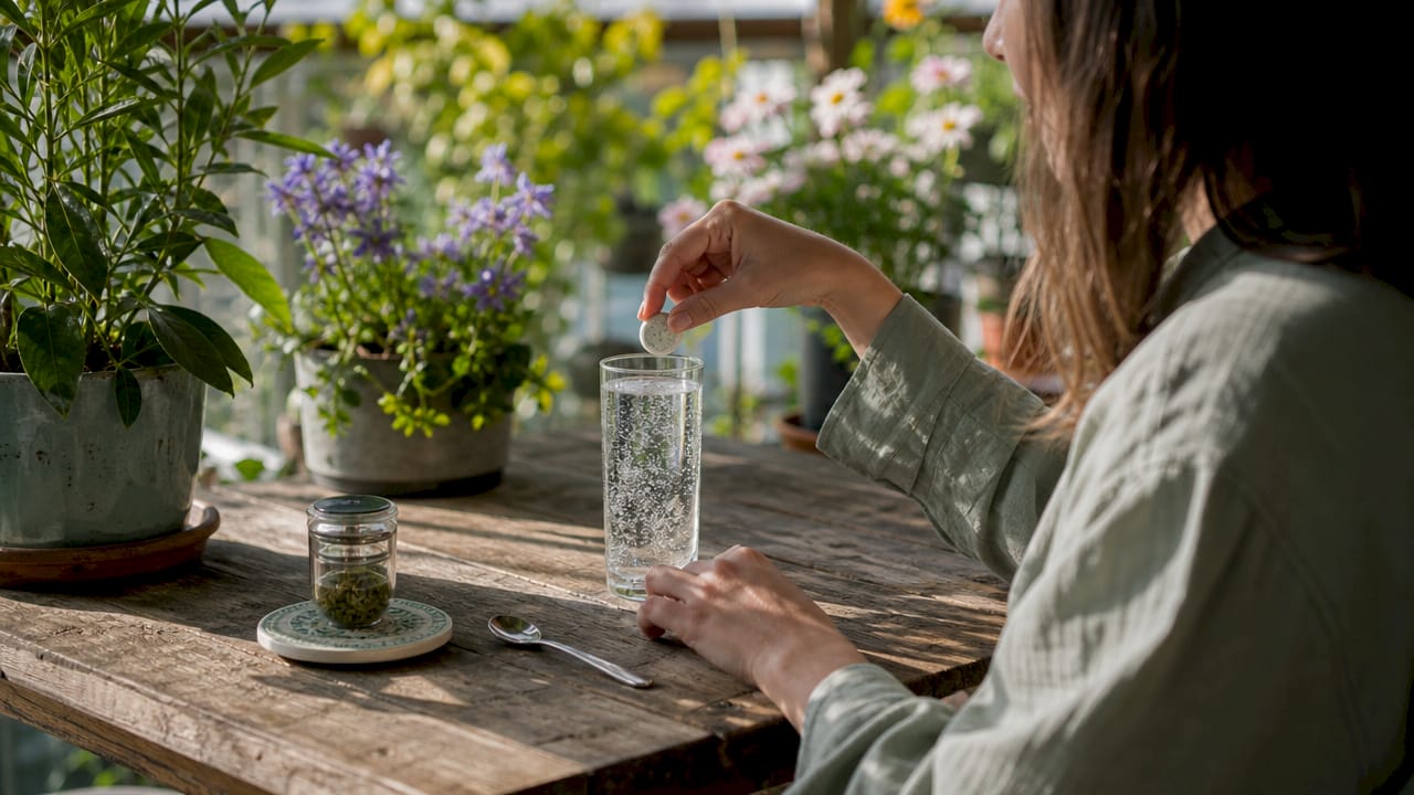 Hands preparing nano-emulsified cannabis tablet drink