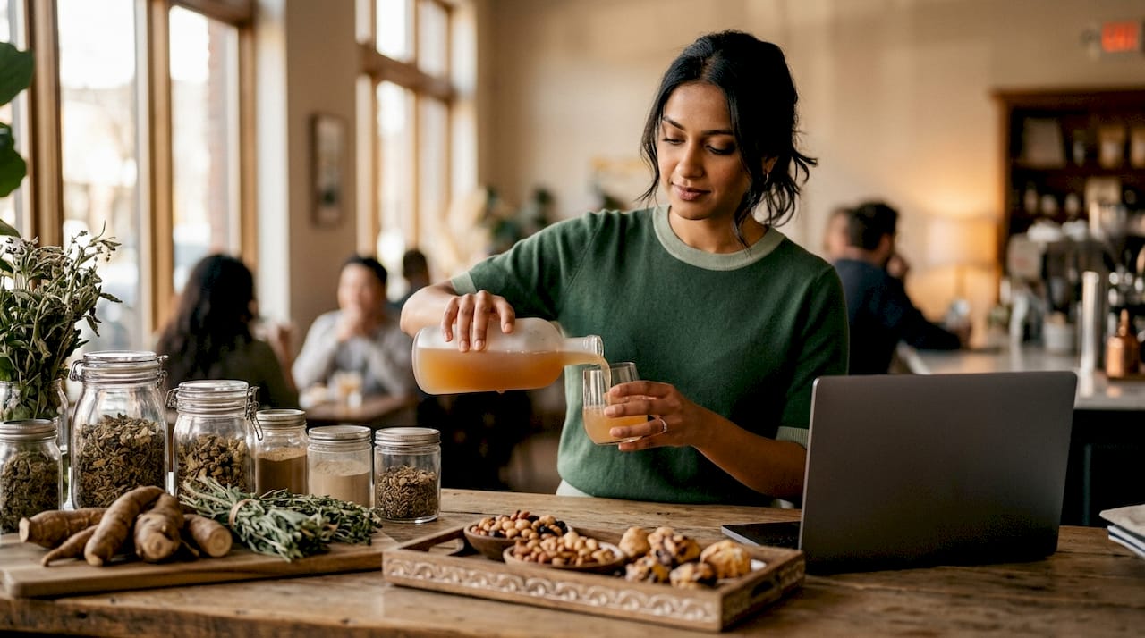 Woman pouring botanical social drink in kitchen