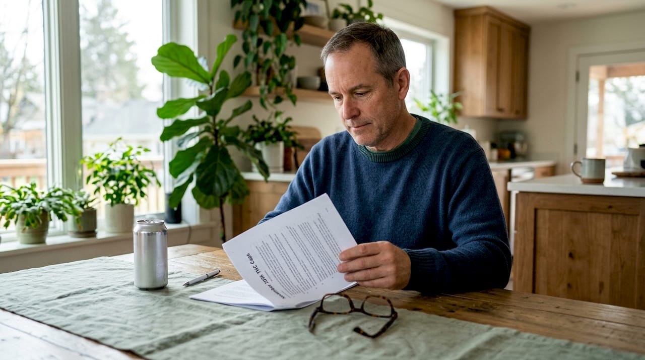 Hands holding hemp regulation document near hemp drink