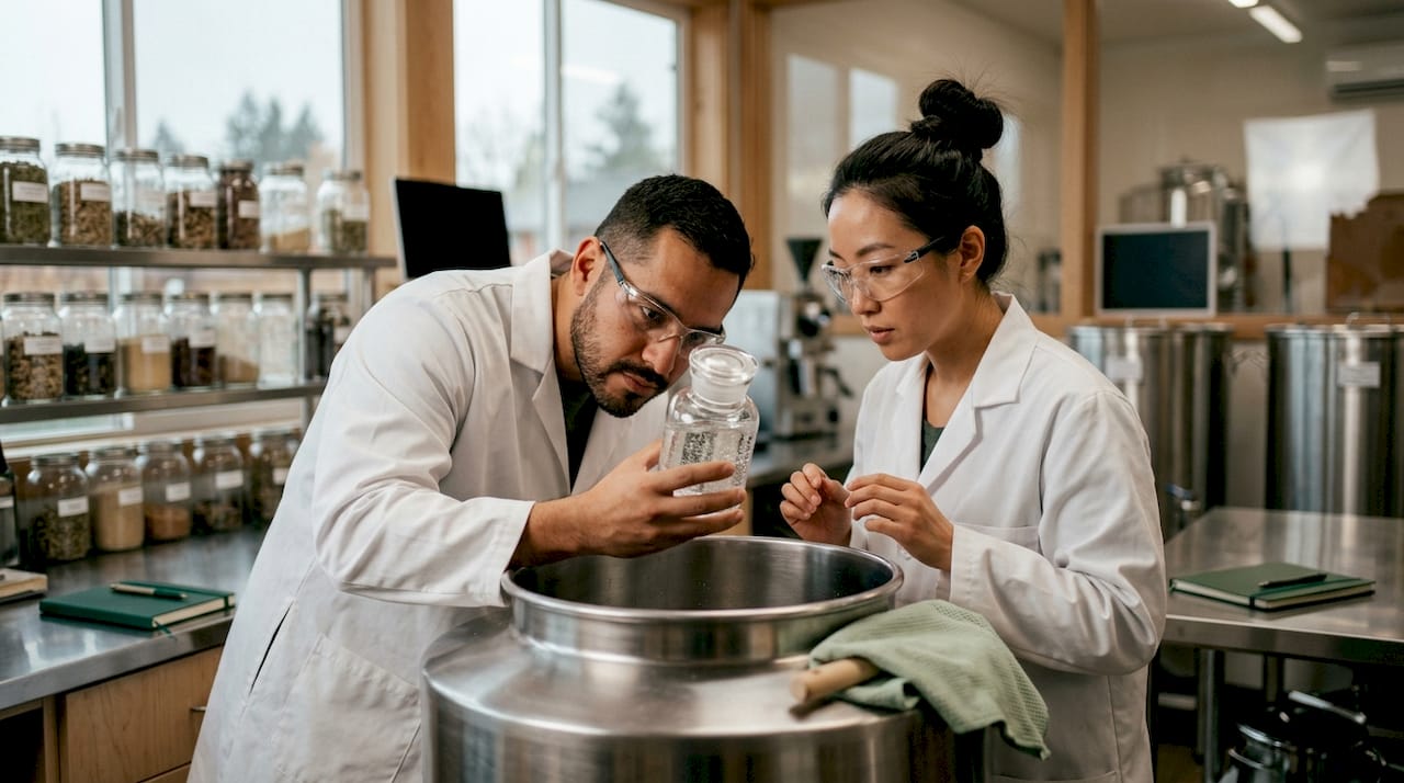 Technicians inspecting cannabis seltzer production