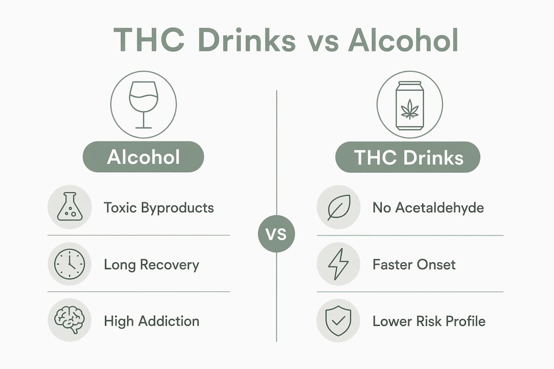 Infographic comparing safety of THC drinks and alcohol