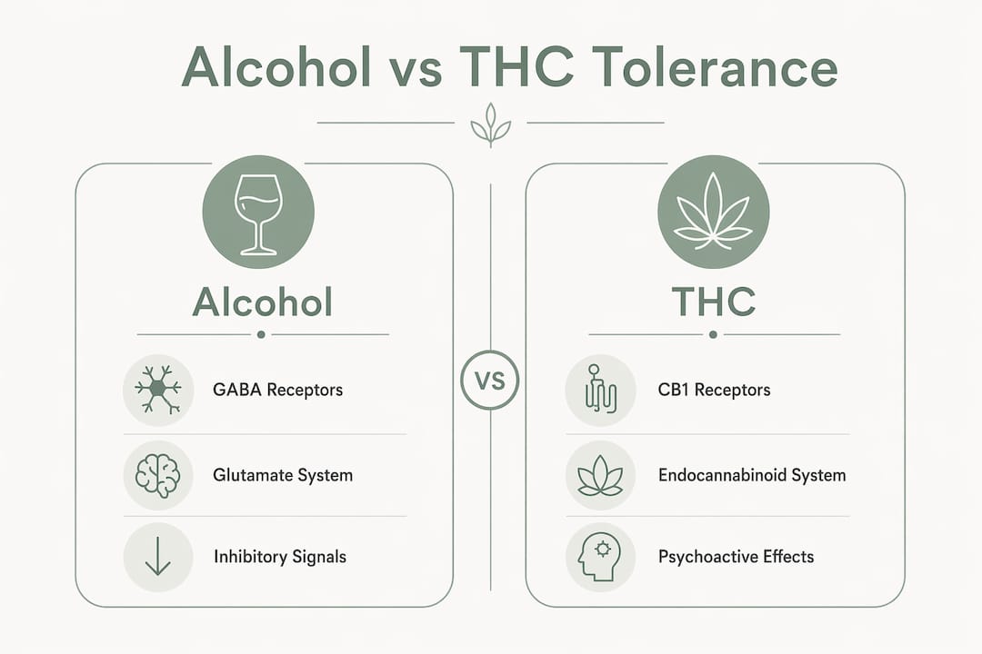 Infographic comparing alcohol and THC tolerance mechanisms