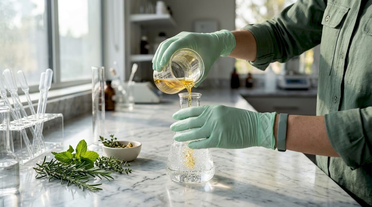 Hands pouring THC nano-emulsion into carbonated water in lab
