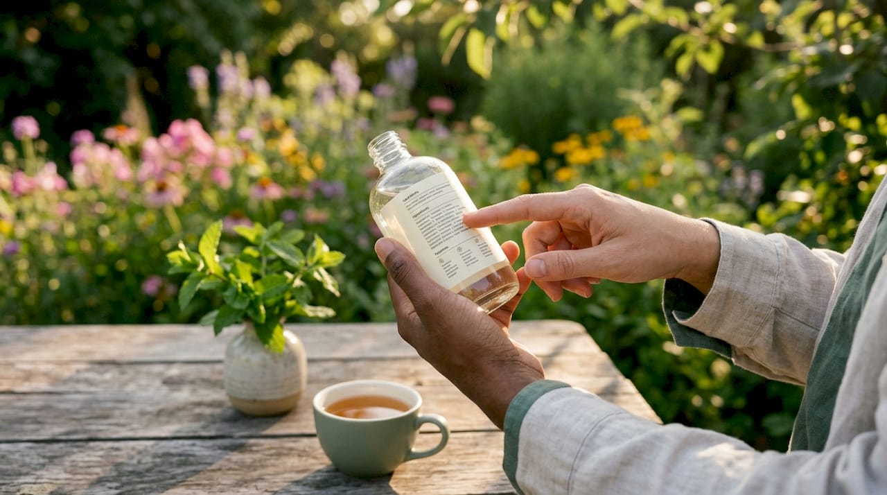 Hands holding THC beverage with ingredient label close-up