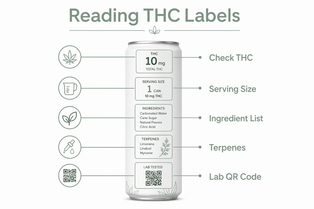 Infographic illustrating steps to read THC beverage labels