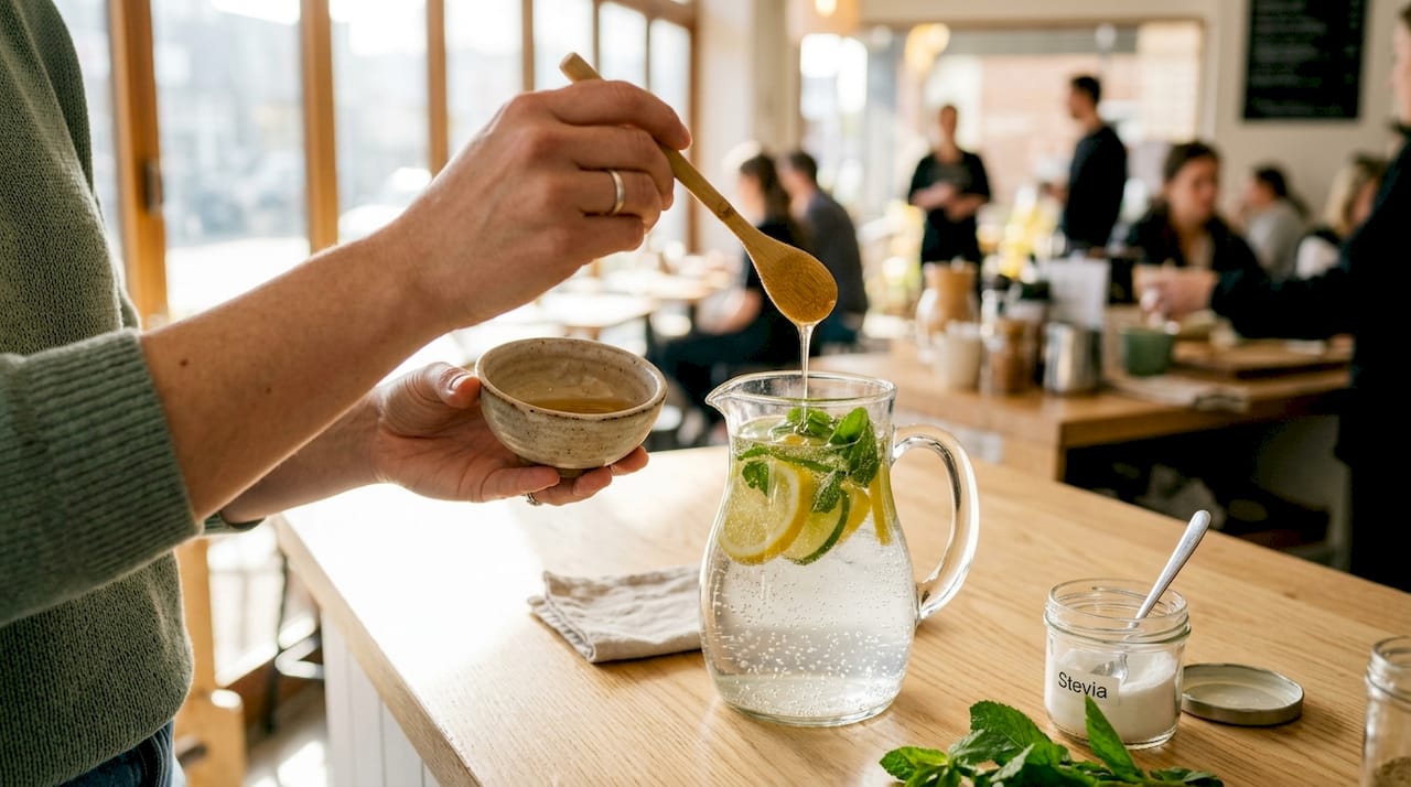 Hands adding natural sweeteners to sparkling water