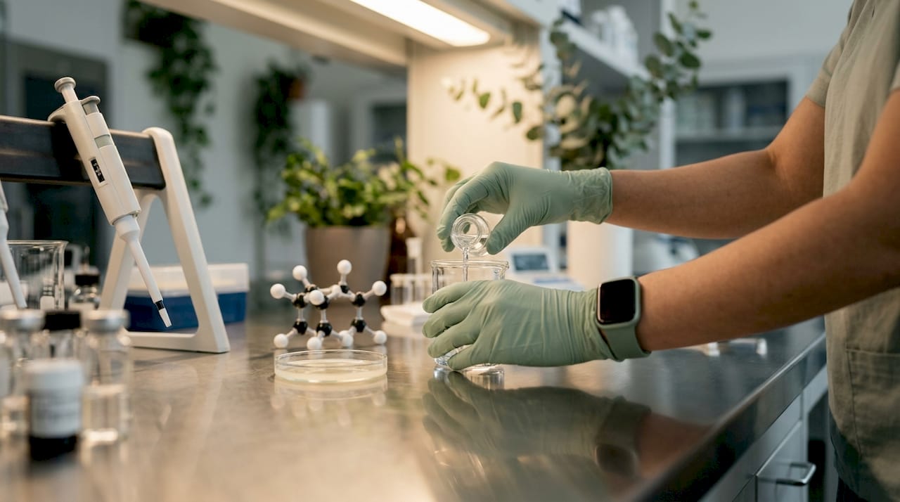 Scientist holding vial with nano-emulsified THC liquid
