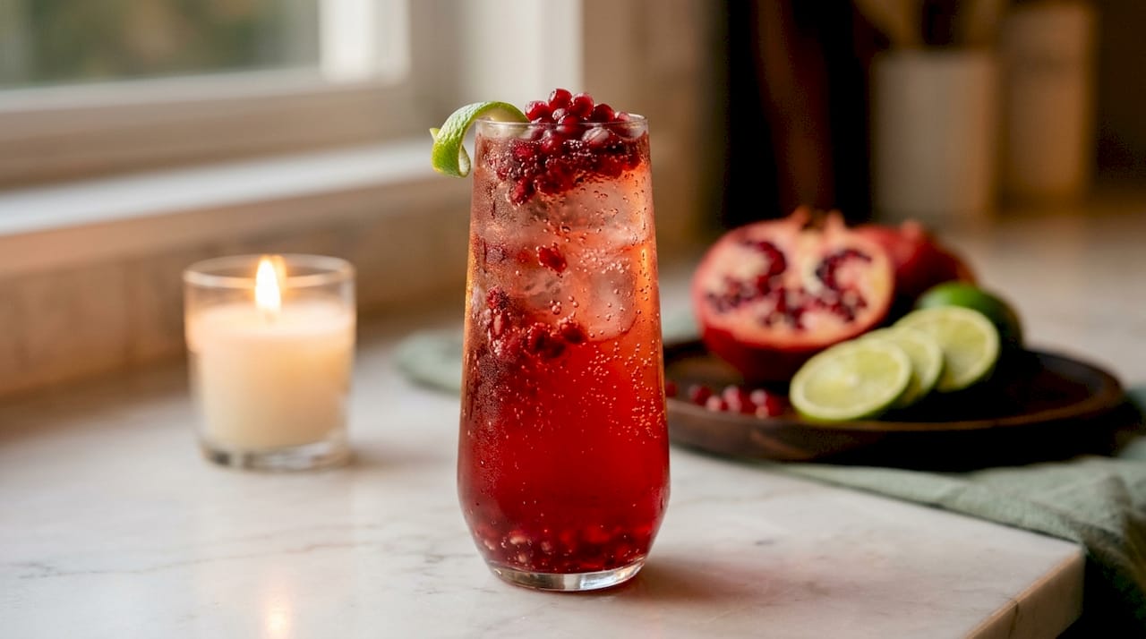 Sparkling pomegranate non-alcoholic beverage close-up
