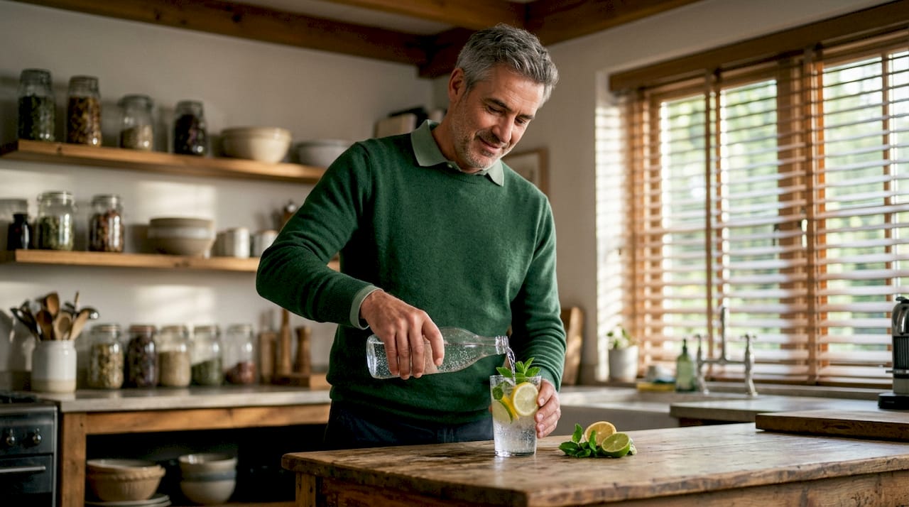 Hands preparing non-alcoholic citrus sparkling drink