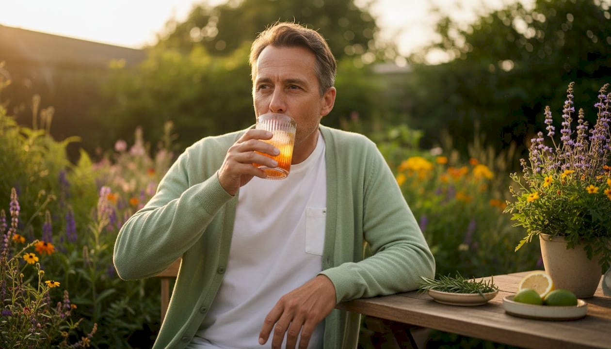 Man sipping adaptogen THC drink at home