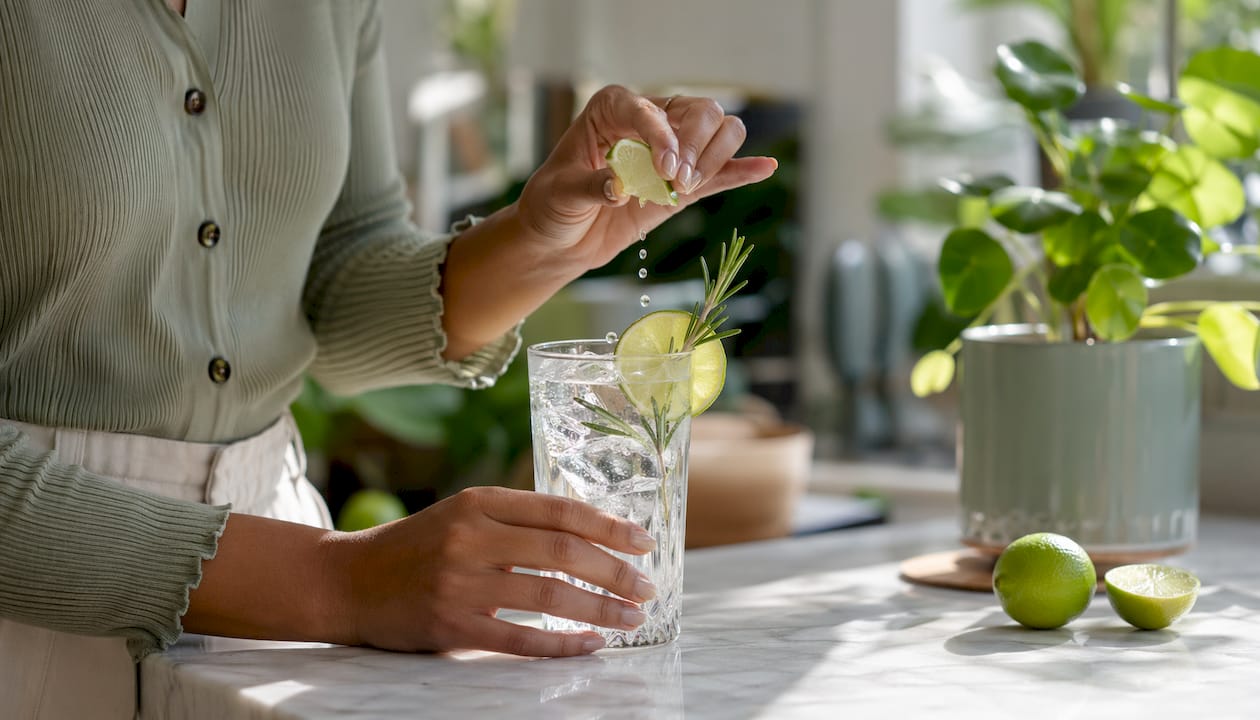 Hands preparing mineral mocktail with lemon and mint