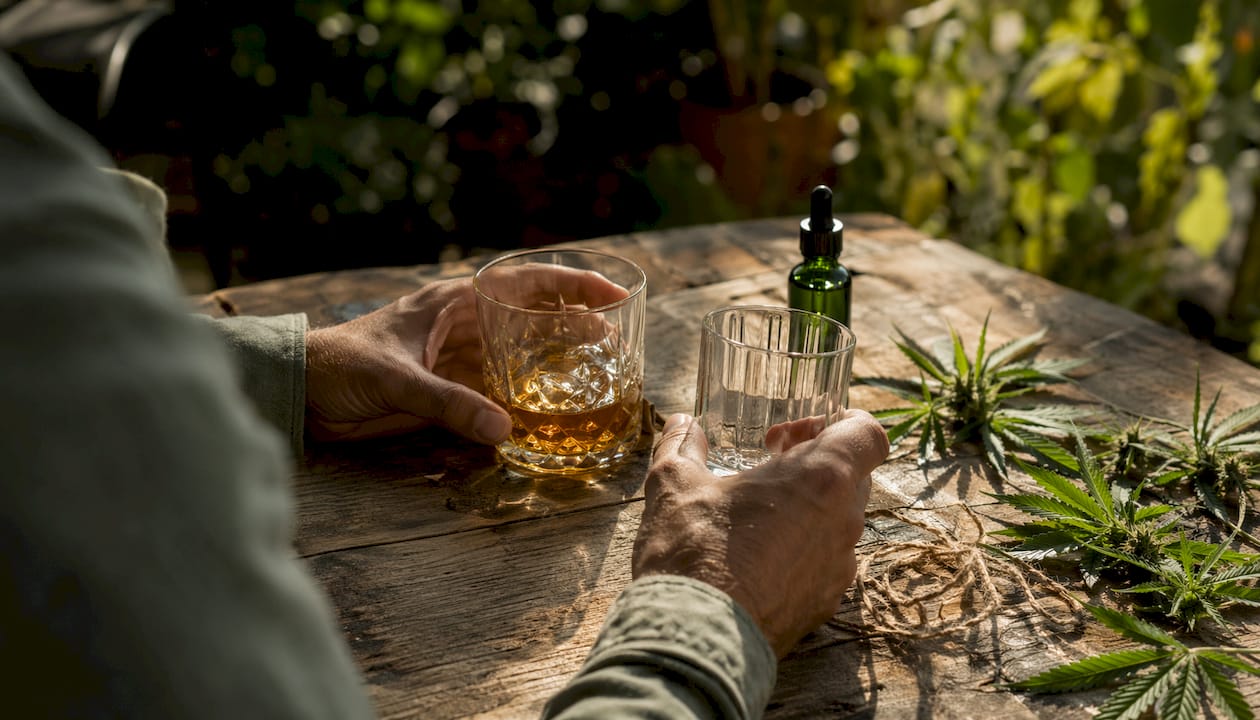 Hands holding alcohol and cannabis tincture glasses