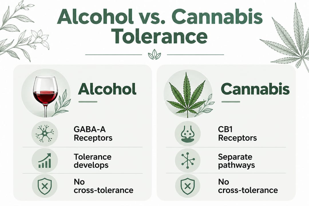 Infographic comparing alcohol and cannabis tolerance mechanisms