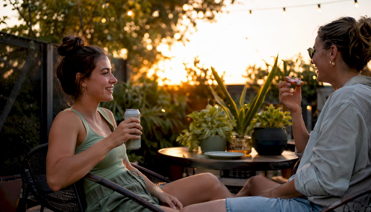 Two people comparing THC water and edibles at café