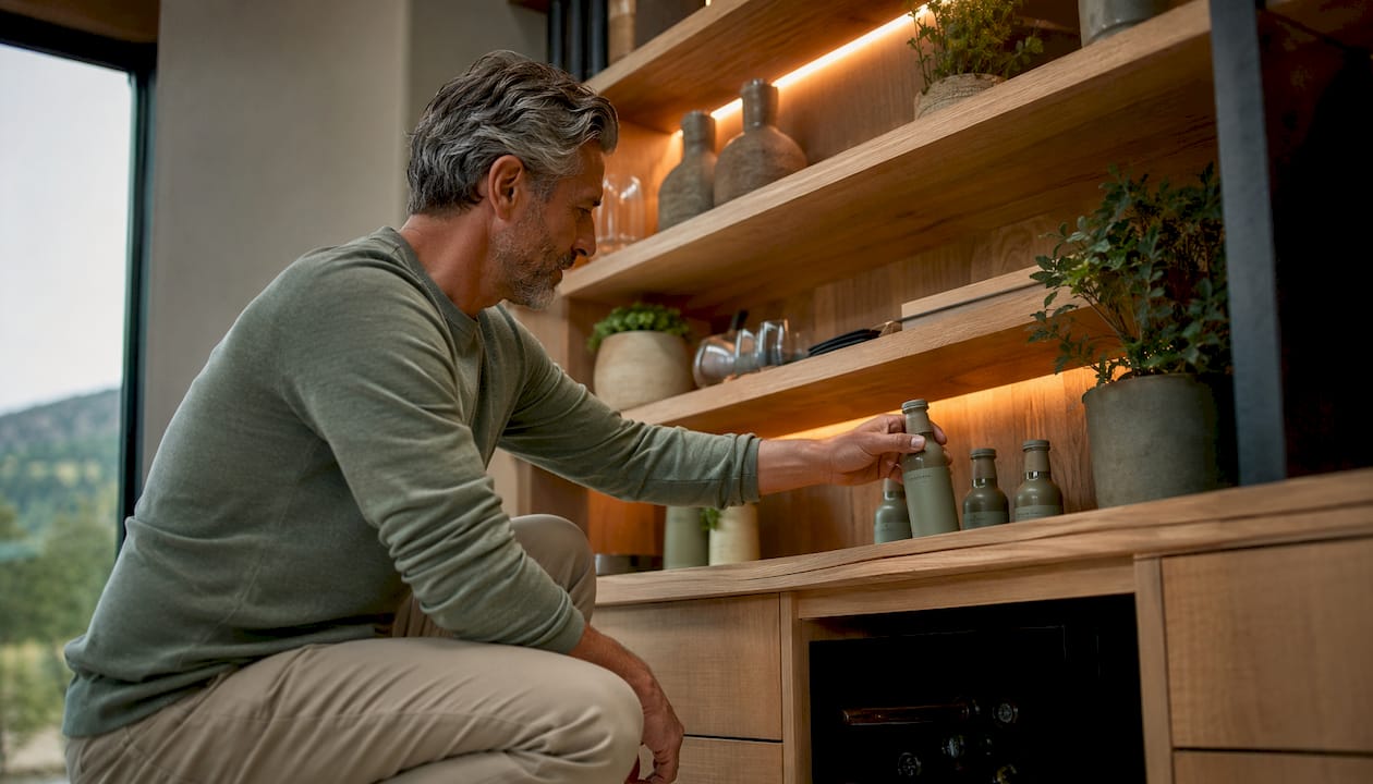 Man storing sealed THC beverage in cool dark cabinet