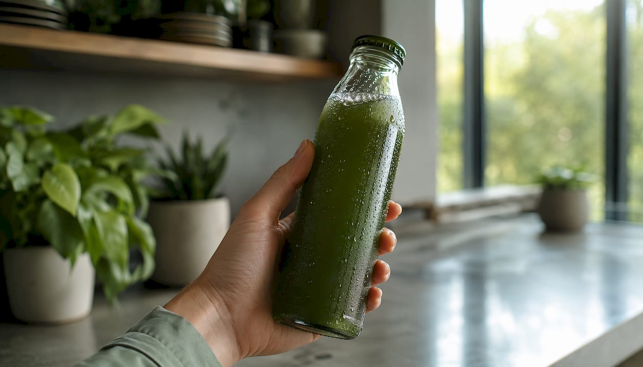 Hand holding chilled THC beverage bottle near fridge