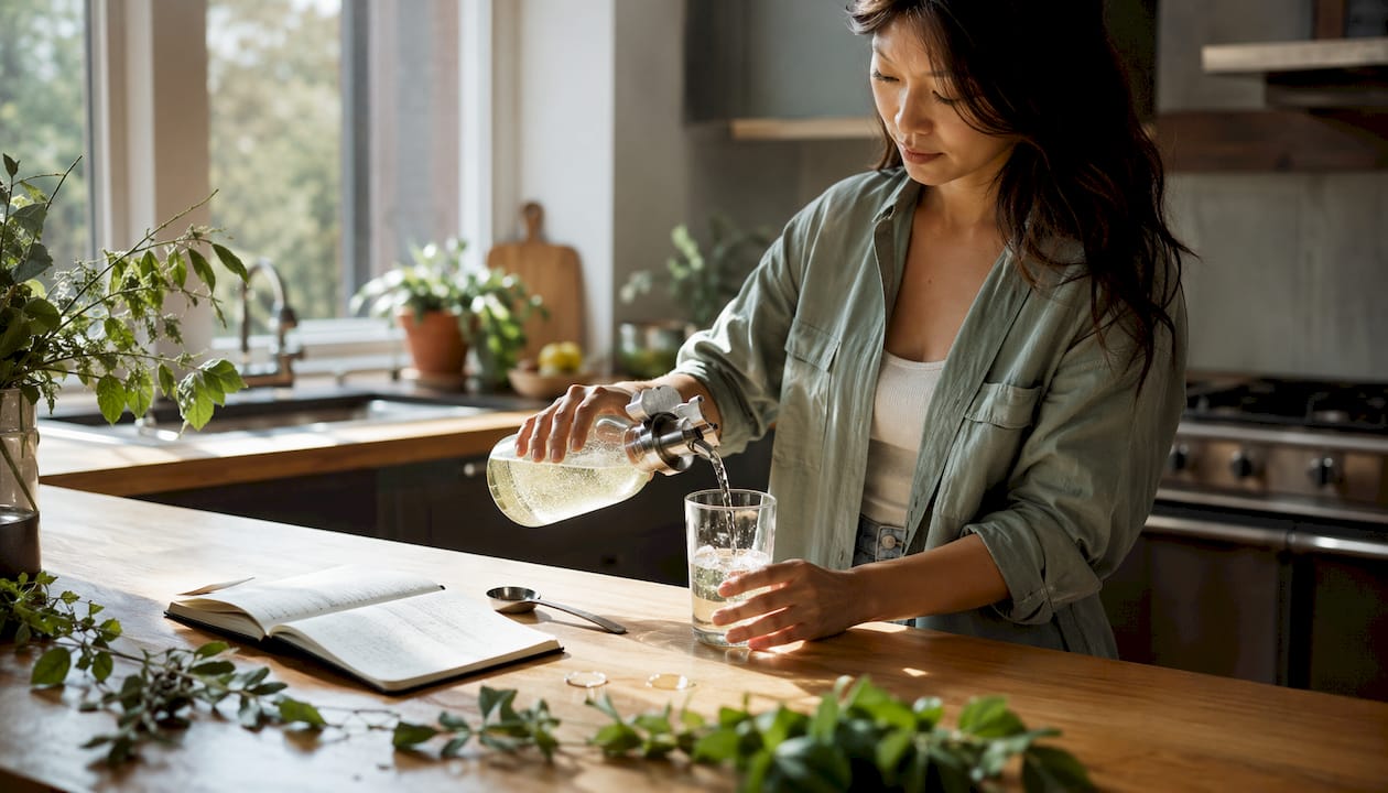 Hands pouring low dose THC beverage at home kitchen