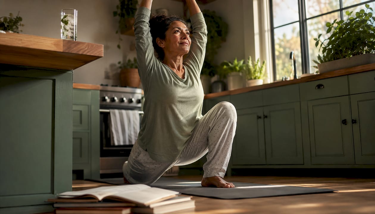 Woman morning stretch with sparkling THC water