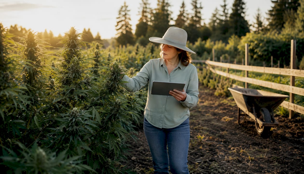 Agricultural expert inspecting hemp plants in field