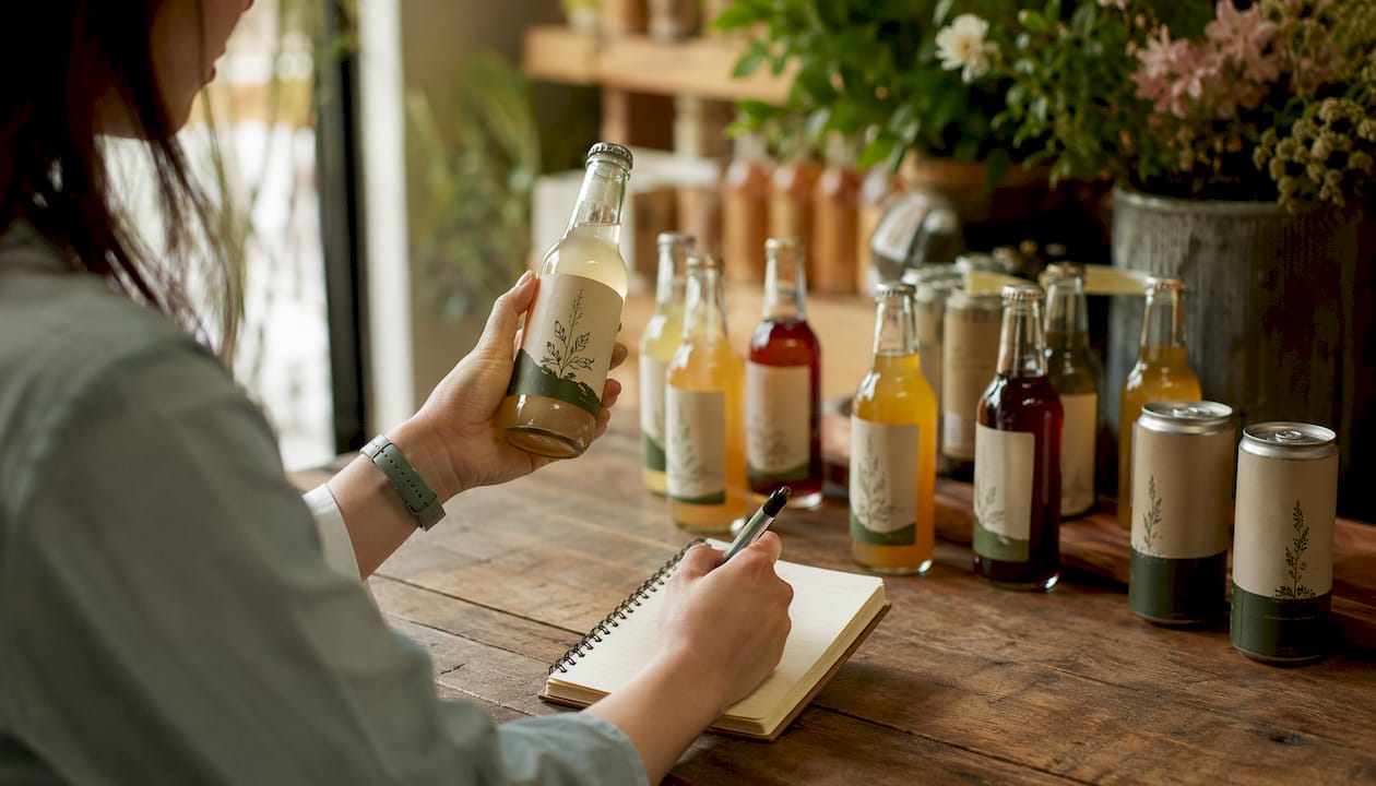 Hands scanning hemp beverage label QR code