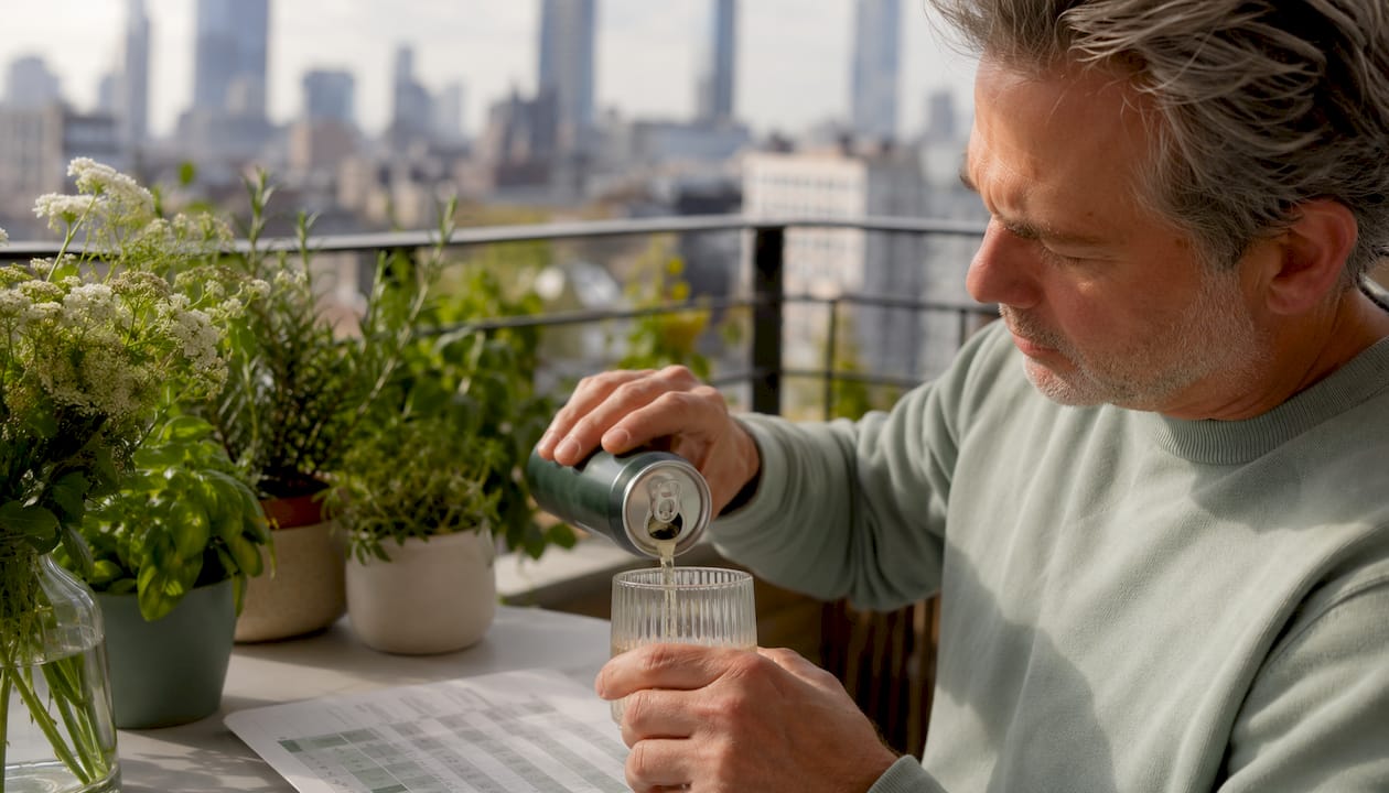 Man pouring THC beverage with dose chart