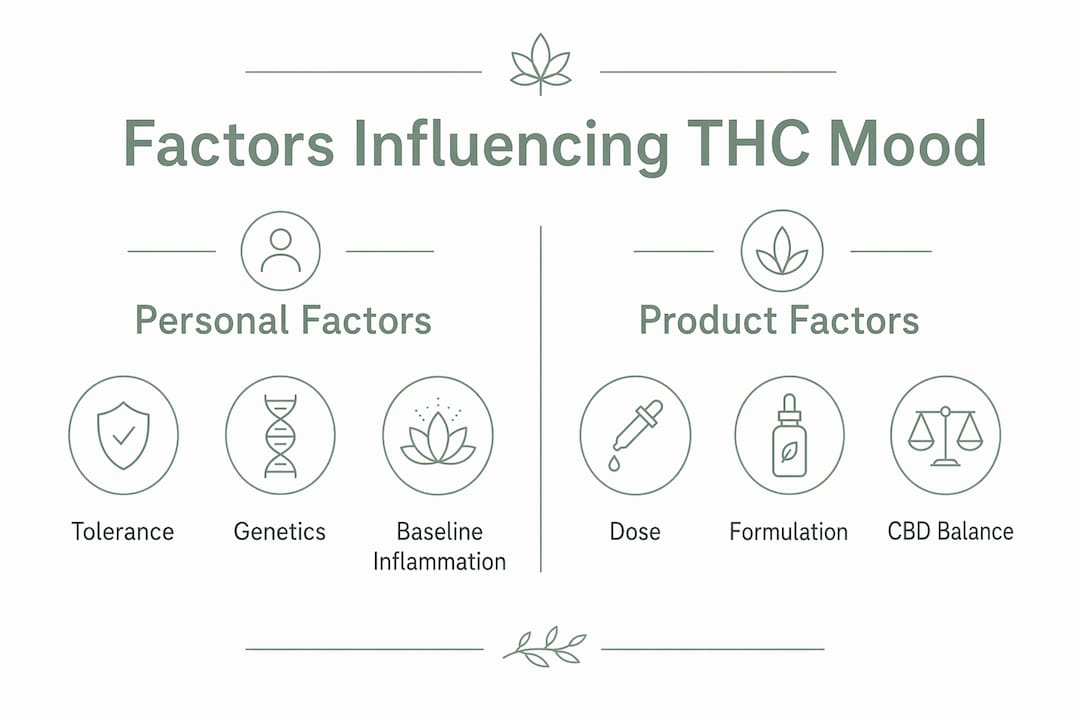 Infographic illustrating factors affecting THC and mood