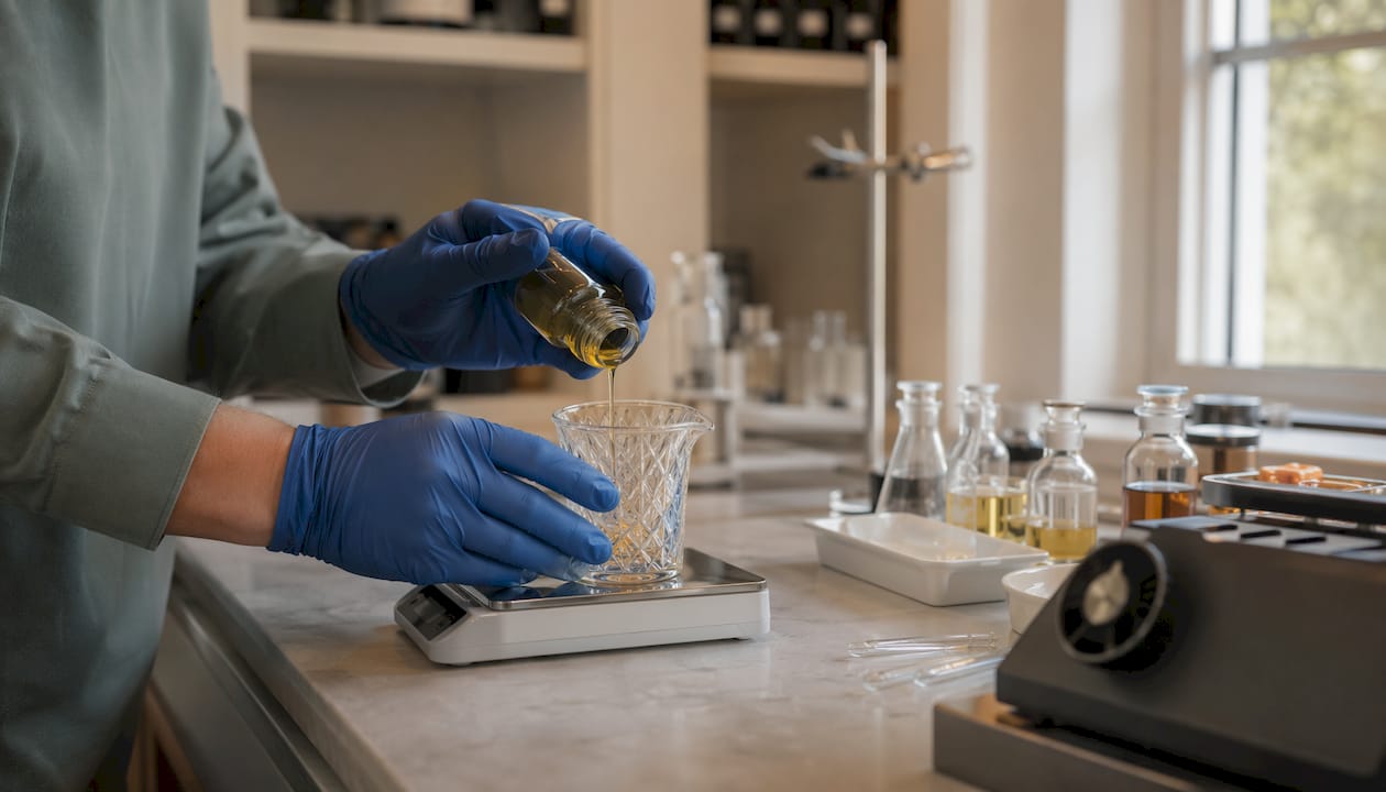 Close-up of technician handling hemp extract in lab