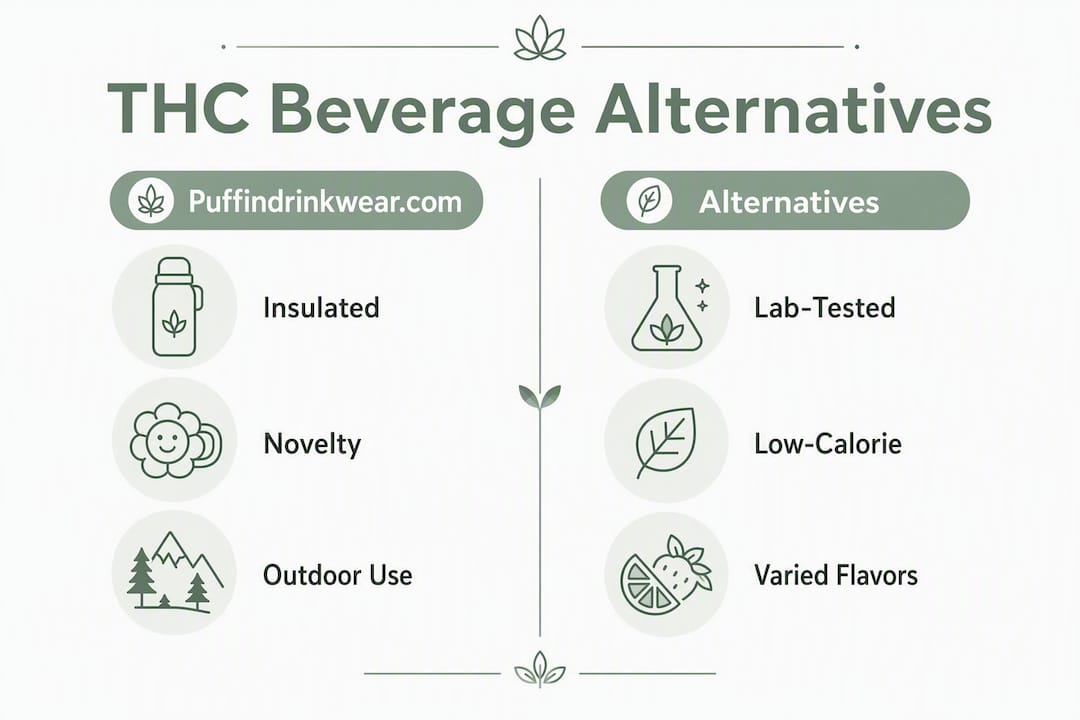Infographic comparing Puffindrinkwear.com and THC beverage alternatives