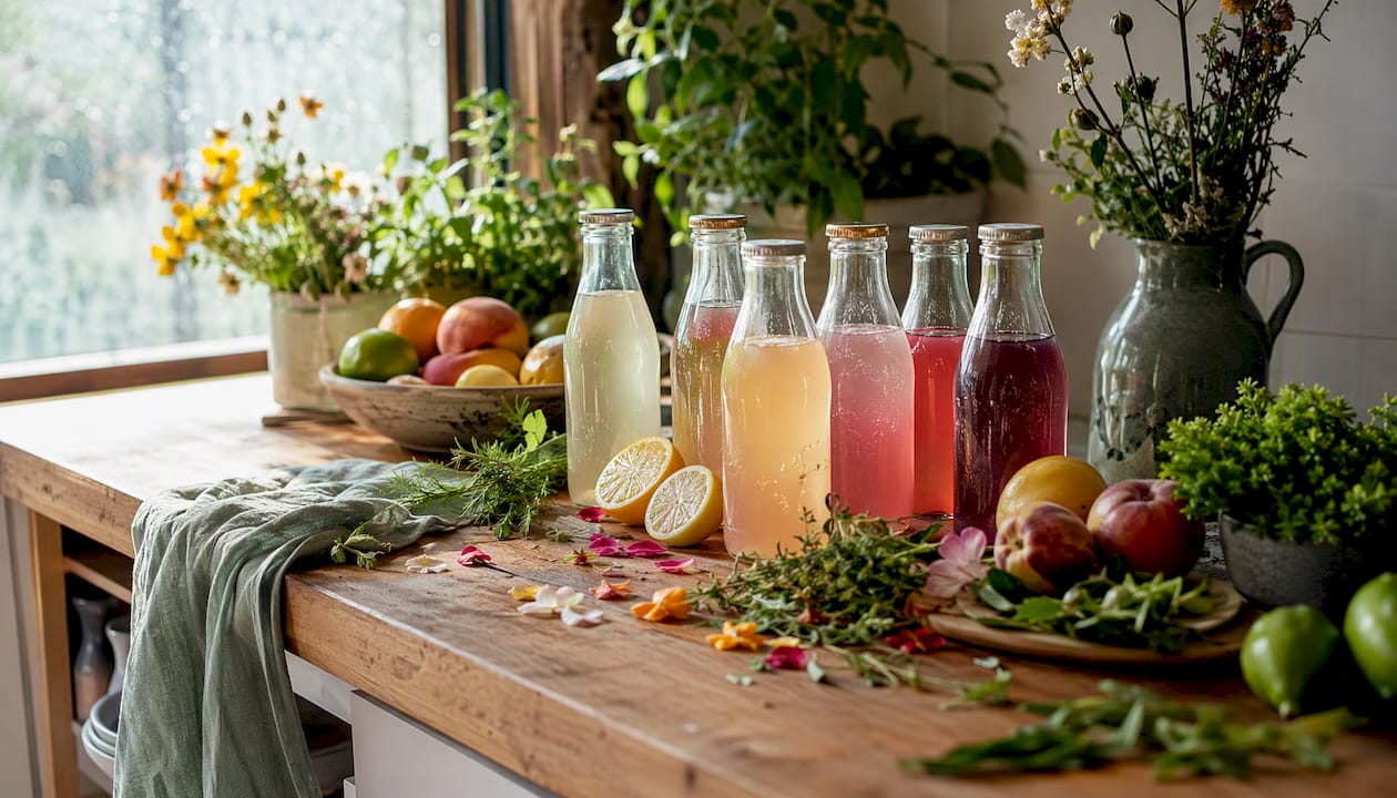 Overhead shot of floral THC beverage bottles with farm produce