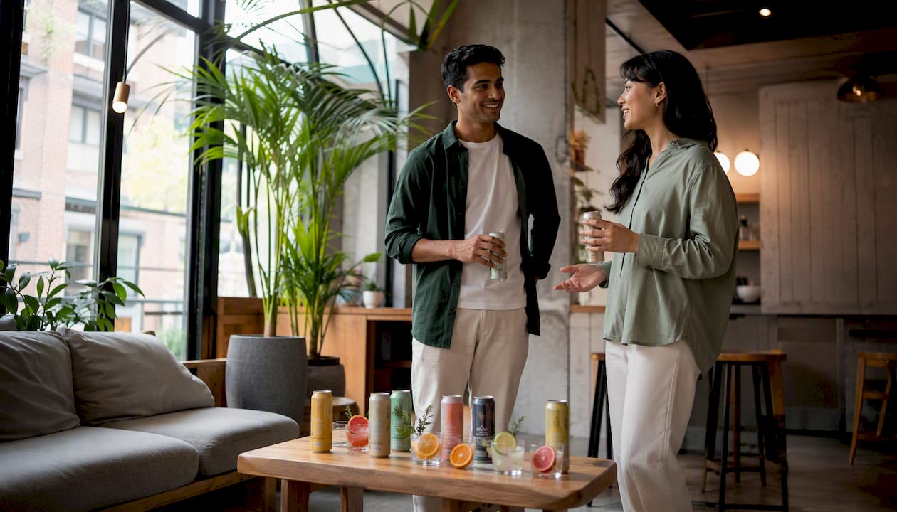 Two colleagues sampling THC sparkling water brands