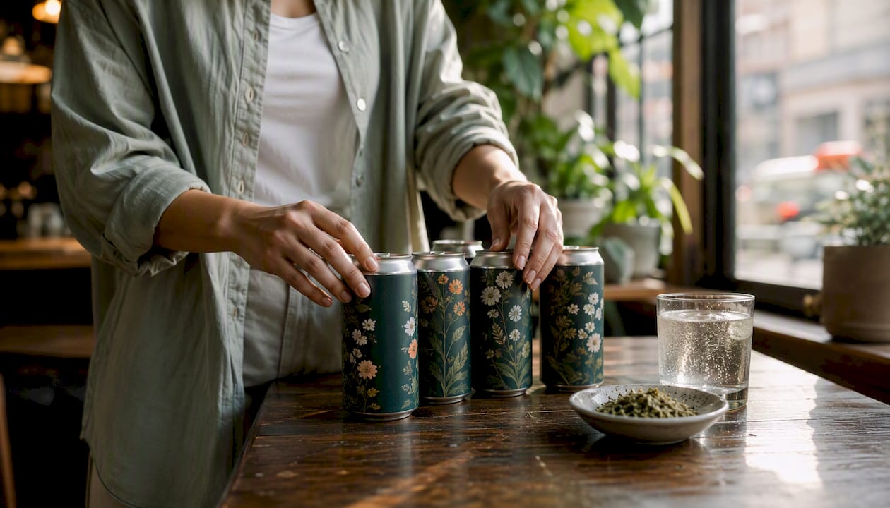 Hands arranging functional THC drink cans on countertop