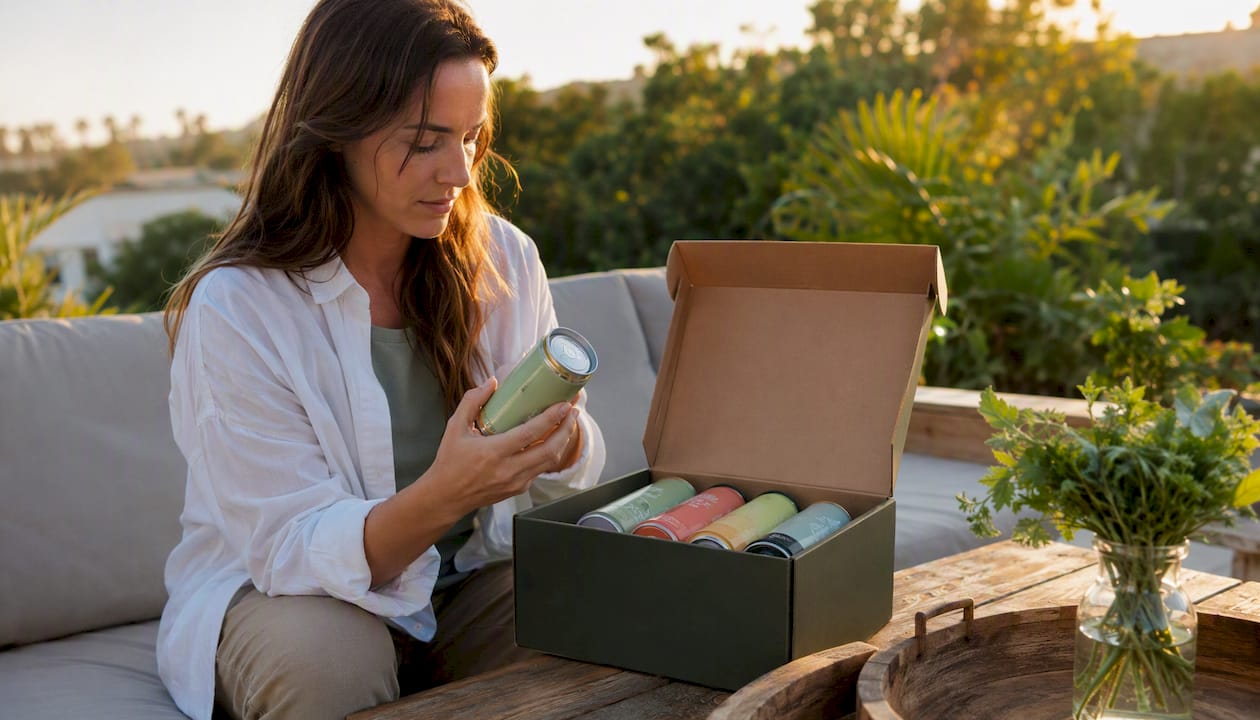 Woman opening THC variety pack at kitchen table