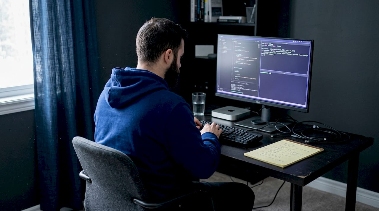 Developer working on LLM setup in home office