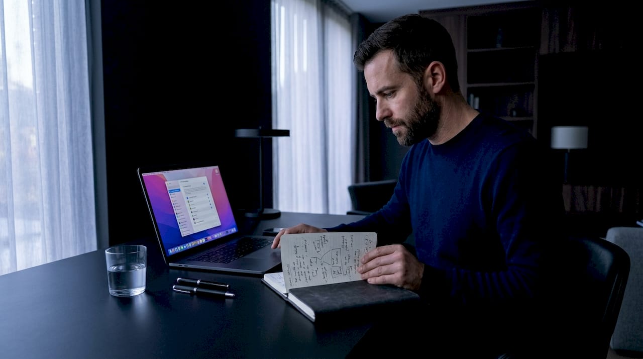 Person at home office MacBook reviewing privacy notes