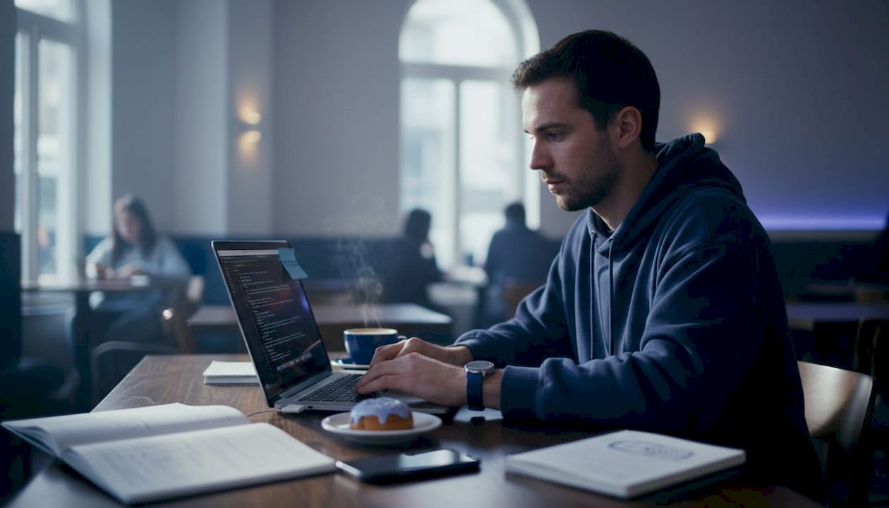 Man running AI models on MacBook at kitchen table
