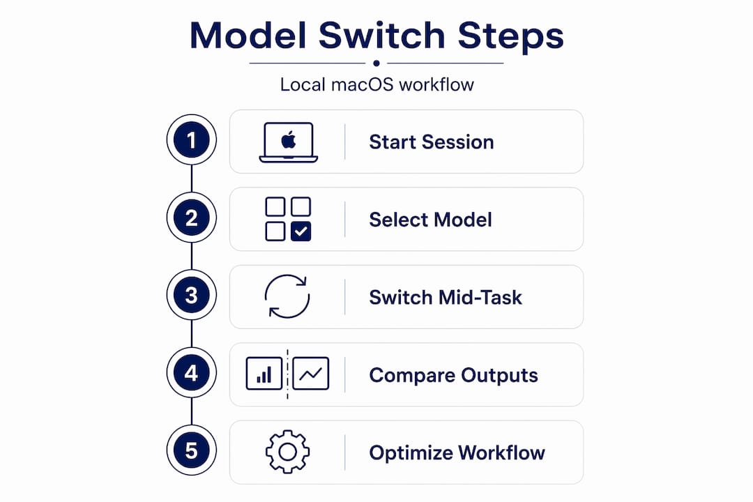 Infographic showing steps for AI model switching on macOS