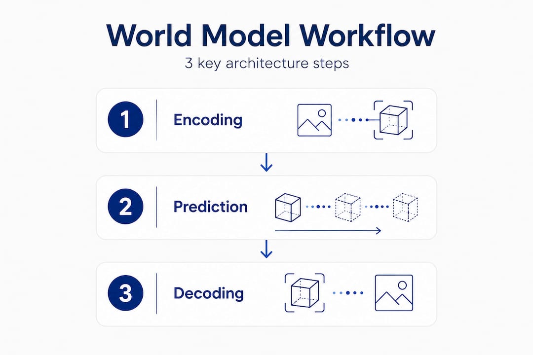Infographic showing world model workflow steps