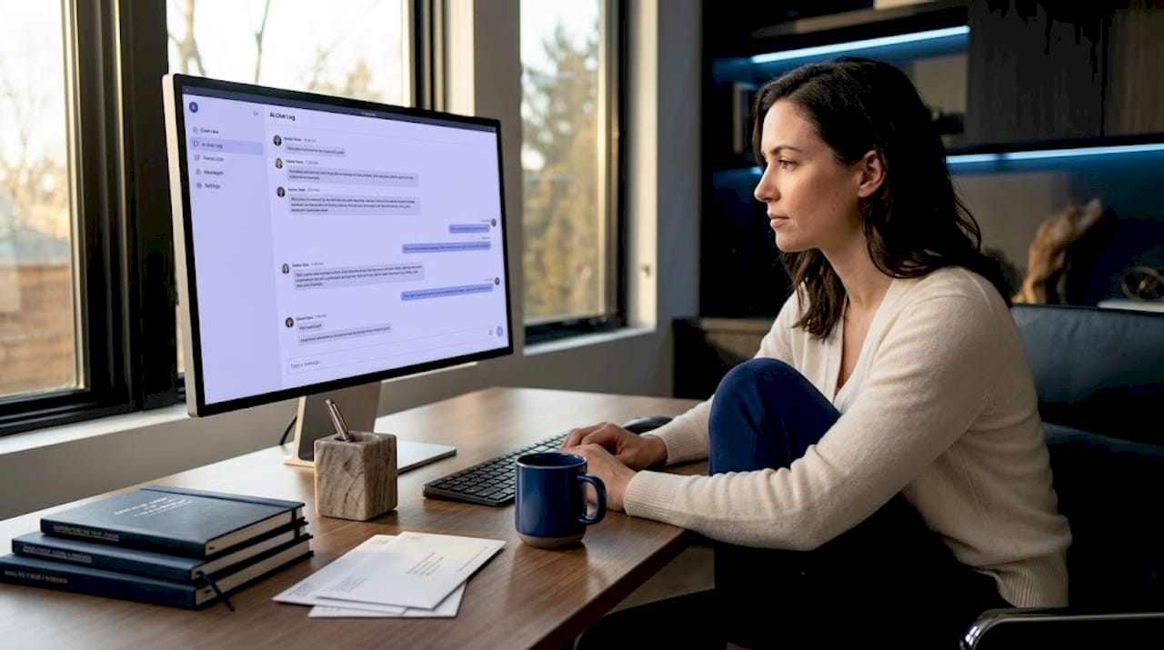 Person reviewing AI chat logs in home office