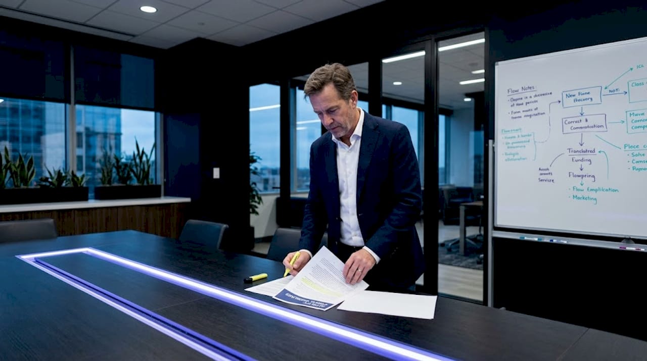 Man studies AI policy by office window