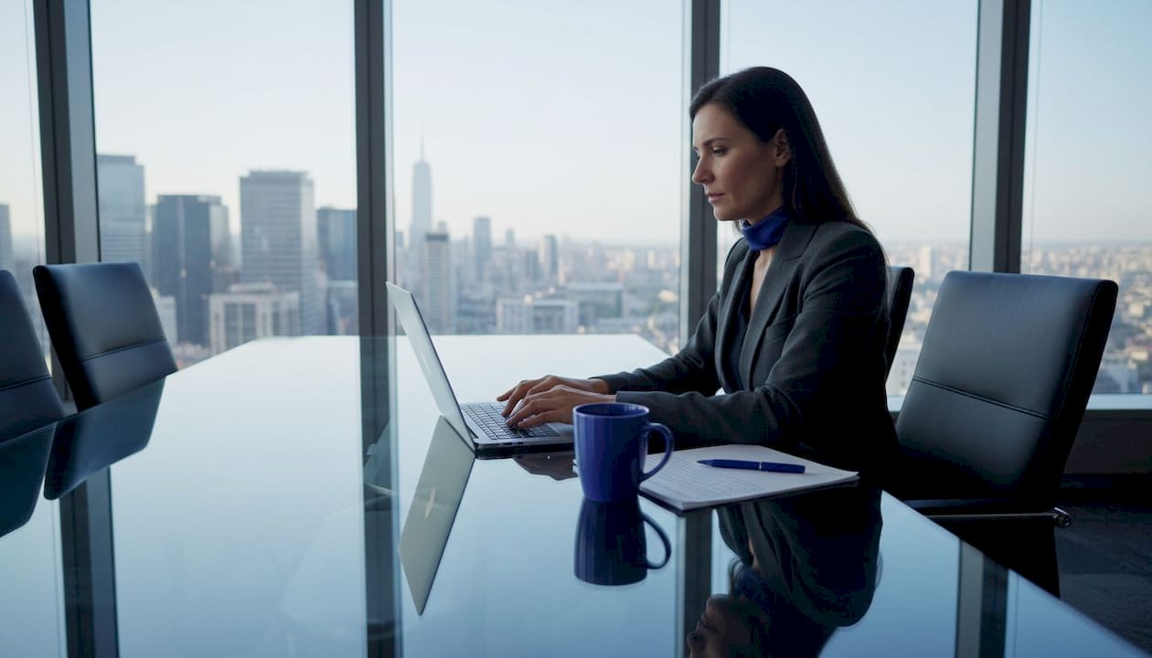 Professional woman at conference table reviewing AI governance notes