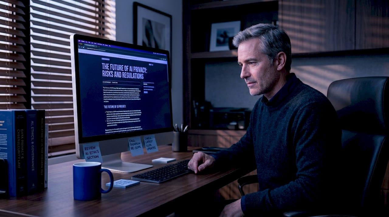 Person reading about AI privacy at desk