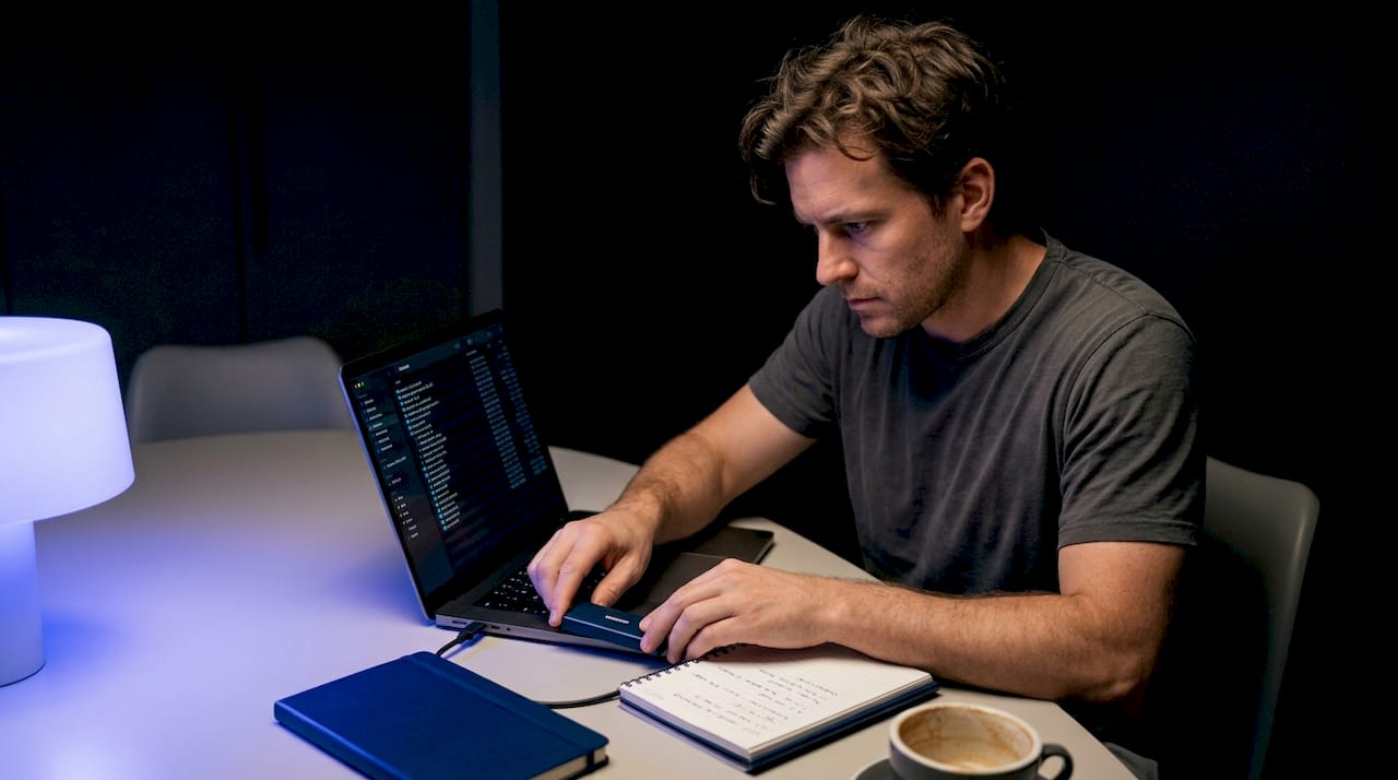 Manual AI file backup at kitchen table