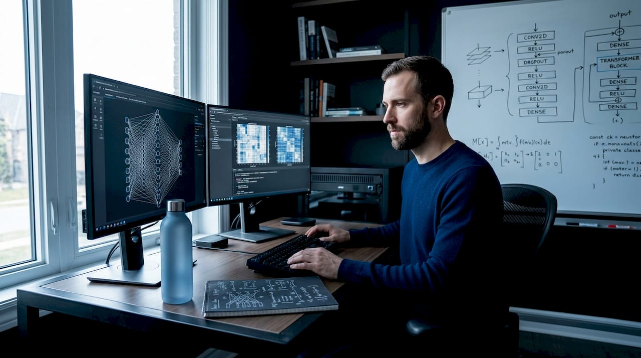 AI developer working on model weights in home office