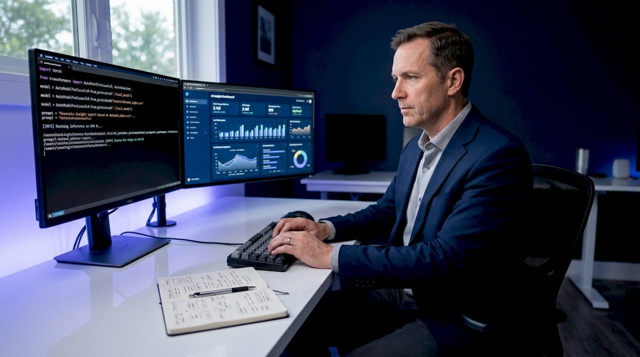 Man working with local and SaaS AI on computer screens