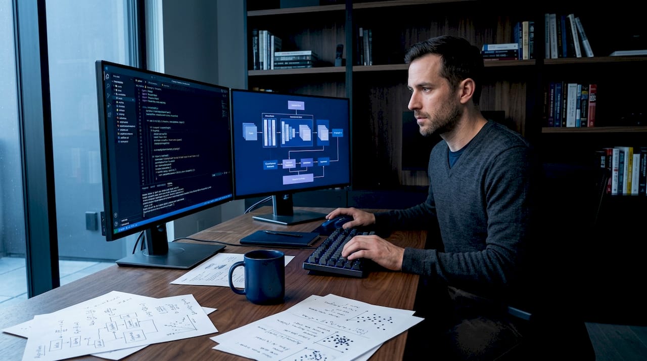 Data scientist working on AI model at desk