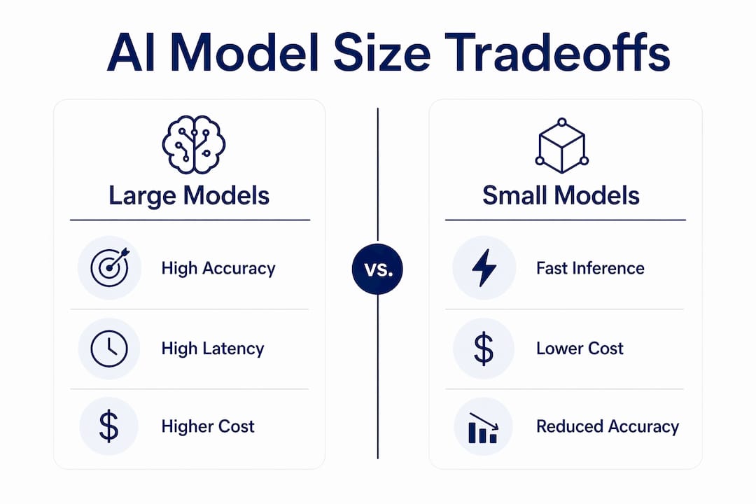Infographic comparing large and small AI model tradeoffs